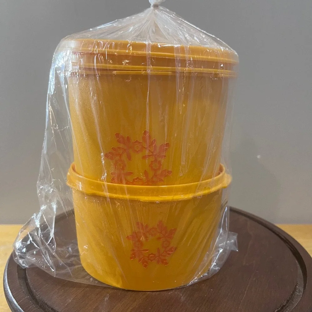 Vtg 70s Tupperware Servalier Canister Set Yellow Orange Floral Retro MCM 2pc